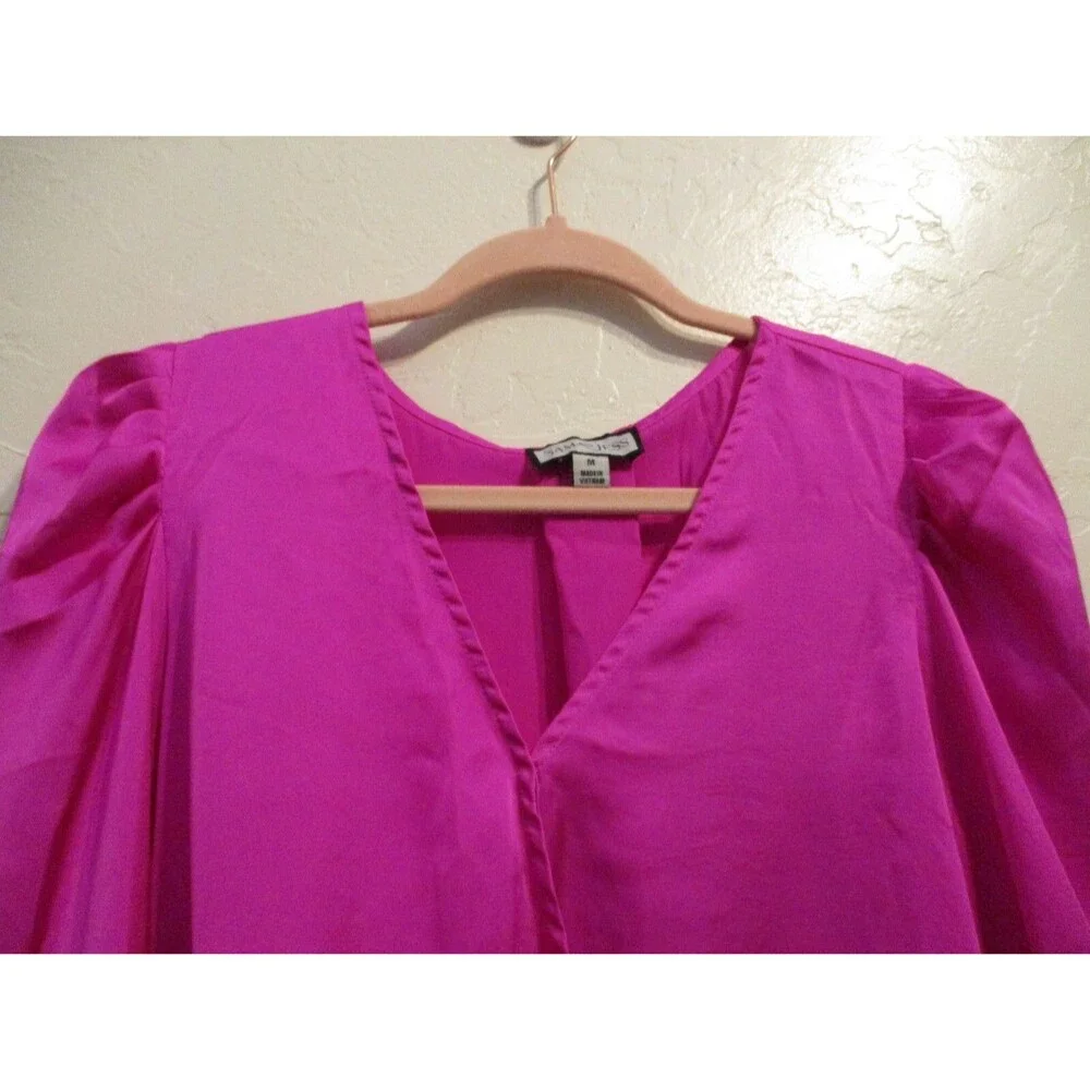 Sam & Jess Womens Sz M Satin Surplice Long Sleeve Puff Shoulder Top Pink Silky - Picture 4 of 9